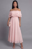 Off the Shoulder Pink Tulle Sheath Pleated Maxi Dress with Ruffles