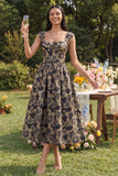 Black A-Line Square Neck Ruched Jacquard Floral Midi Dress