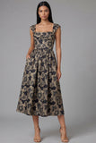 Black A-Line Square Neck Ruched Jacquard Floral Midi Dress