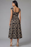 Black A-Line Square Neck Ruched Jacquard Floral Midi Dress