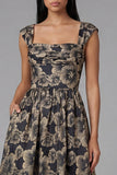 Black A-Line Square Neck Ruched Jacquard Floral Midi Dress