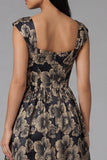 Black A-Line Square Neck Ruched Jacquard Floral Midi Dress