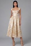 Black A-Line Square Neck Ruched Jacquard Floral Midi Dress