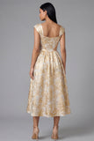 Black A-Line Square Neck Ruched Jacquard Floral Midi Dress