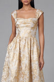 Black A-Line Square Neck Ruched Jacquard Floral Midi Dress