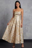 Black A-Line Strapless Ruched Jacquard Floral Midi Dress