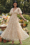 Champagne V-Neck Embroidered A-Line Tulle Floral Dress with Flutter Sleeves