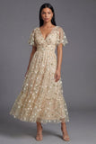 Champagne V-Neck Embroidered A-Line Tulle Floral Dress with Flutter Sleeves