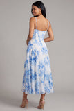 White Blue Flower Chiffon Corset Ruched Sheath Midi Dress with Slit