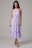 Lilac Chiffon Halter Neck Ruched Sheath Floral Midi Dress with Bow