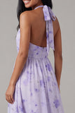 Lilac Chiffon Halter Neck Ruched Sheath Floral Midi Dress with Bow