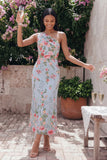 Blue Pink Flower Tulle One Shoulder Sheath Floral Midi Dress
