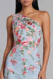 Blue Pink Flower Tulle One Shoulder Sheath Floral Midi Dress