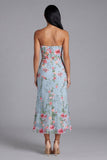 Blue Pink Flower Tulle Strapless Sheath Floral Midi Dress