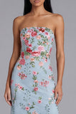 Blue Pink Flower Tulle Strapless Sheath Floral Midi Dress