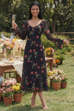 Black Tulle V-Neck Sheath Printed Floral Midi Dress with Long Sleeves