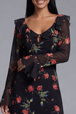 Black Tulle V-Neck Sheath Printed Floral Midi Dress with Long Sleeves