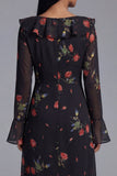 Black Tulle V-Neck Sheath Printed Floral Midi Dress with Long Sleeves
