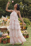 Halter White Pink Flower Chiffon Sheath Tiered Printed Floral Dress