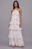 Halter White Pink Flower Chiffon Sheath Tiered Printed Floral Dress