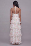 Halter White Pink Flower Chiffon Sheath Tiered Printed Floral Dress