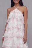 Halter White Pink Flower Chiffon Sheath Tiered Printed Floral Dress
