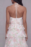 Halter White Pink Flower Chiffon Sheath Tiered Printed Floral Dress
