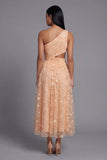 Orange One Shoulder Tulle Embroidered Floral Dress with Slit