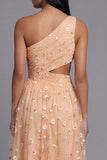 Orange One Shoulder Tulle Embroidered Floral Dress with Slit