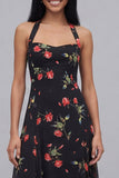 Chiffon Black Halter Neck Printed Sheath Floral Midi Dress