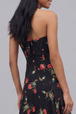 Chiffon Black Halter Neck Printed Sheath Floral Midi Dress