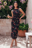 Black Bodycon Round Neck Chiffon Printed Floral Midi Dress