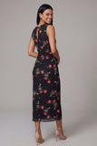 Black Bodycon Round Neck Chiffon Printed Floral Midi Dress