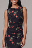 Black Bodycon Round Neck Chiffon Printed Floral Midi Dress
