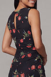 Black Bodycon Round Neck Chiffon Printed Floral Midi Dress