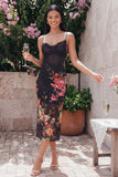 Black Bodycon Spaghetti Straps Ruched Printed Midi Floral Dress