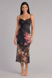 Black Bodycon Spaghetti Straps Ruched Printed Midi Floral Dress