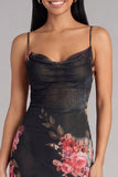 Black Bodycon Spaghetti Straps Ruched Printed Midi Floral Dress