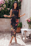 Black Sheath Printed Ruched Midi Floral Dress