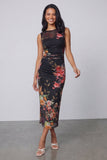 Black Sheath Printed Ruched Midi Floral Dress