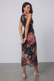Black Sheath Printed Ruched Midi Floral Dress