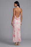 Sparkly White Pink Flower Bodycon Printed Floral Dress with Sequin