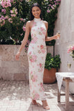 Sparkly White Pink Flower Bodycon Printed Floral Dress with Sequin