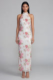 Sparkly White Pink Flower Bodycon Printed Floral Dress with Sequin