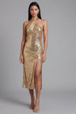 Sparkly Halter Neck Gold Bodycon Backless Midi Sequin Dress with Slit