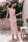 Sparkly Pink Tulle Halter Neck Bodycon Midi Floral Dress with Slit