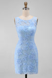 Blue Tulle Round Neck Bodycon Mini Floral Dress with Lace Appliques