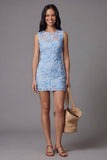 Blue Tulle Round Neck Bodycon Mini Floral Dress with Lace Appliques