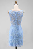 Blue Tulle Round Neck Bodycon Mini Floral Dress with Lace Appliques