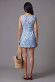Blue Tulle Round Neck Bodycon Mini Floral Dress with Lace Appliques